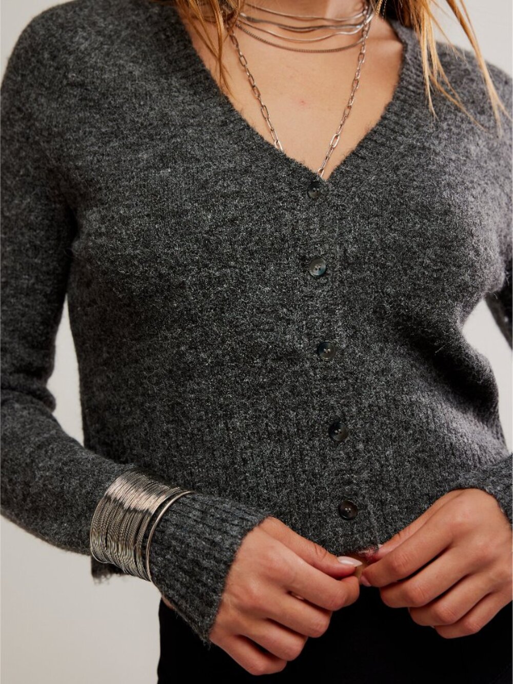 🆕 FREE PEOPLE School Girl SoftSpun Cardi / Charcoal Heather - Picture 9 of 13